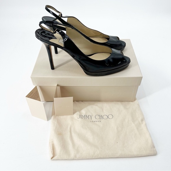 Jimmy Choo Black Patent Leather Peep Toe Slingback Heels NOVA Size 41 - Picture 1 of 13